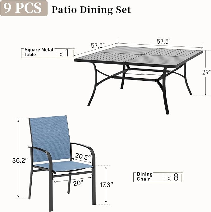 SUNSHINE VALLEY Patio Dining Set for 8, 57.5" x 57.5" Square Metal Table with Umbrella Hole, 8 x Stable Dining Chairs, Outdoor Table and Chairs Set for Lawn Backyard and Deck, Blue