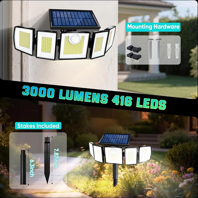 MDCMDCM Solar Lights Outdoor Waterproof Motion Sensor - 416 LEDs 3000 Lumens Super Bright 3 Brightness 3 Modes 360° Illumination 32ft Solar Flood Security Light for Outside (with Stakes, 2)