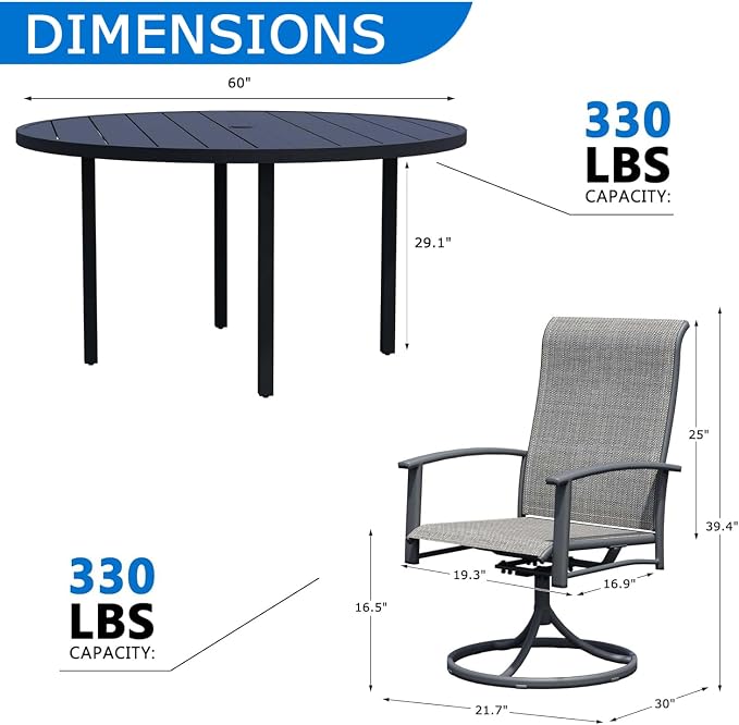 9-Piece Outdoor Dining Set for 8 – 60" Black Round Outdoor Table with Umbrella Hole & 8 Grey Patio Swivel Chairs, All-Weather Patio Furniture