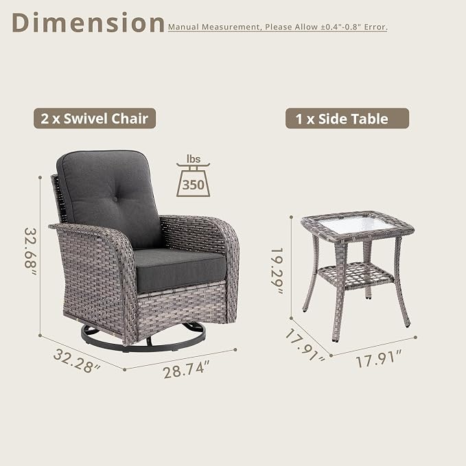 3 Piece Patio Swivel Rocker Chairs Set with Side Table, Black | High Back Deep Seating, All Weather Wicker, Outdoor Glider Chair with Comfy Cushion, Porch Deck Sunroom Balcony Furniture