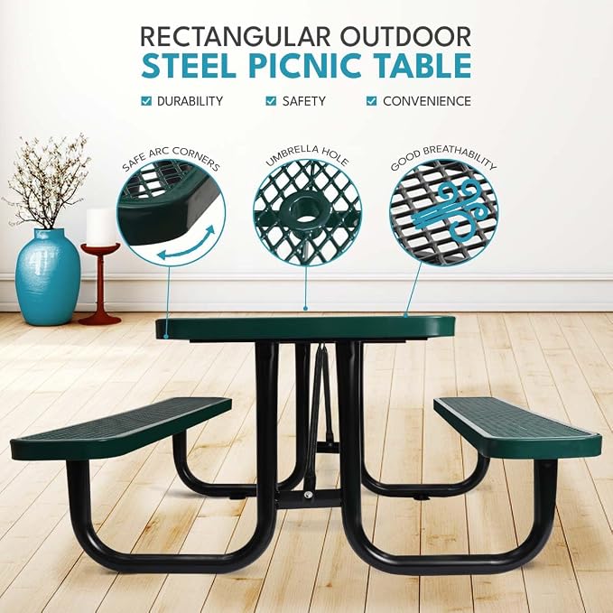 6 ft. Rectangular Outdoor Steel Picnic Table with Umbrella Pole, Heavy-Duty Weather-Resistant Dining Table for Patio, Backyard, and Garden, Rust-Resistant Finish, Green