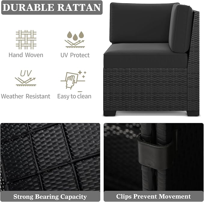 LayinSun 7 Pieces Patio Furniture Set with Fire Pit Table, Black Rattan Modular Sectional Patio Conversation Sofa Set