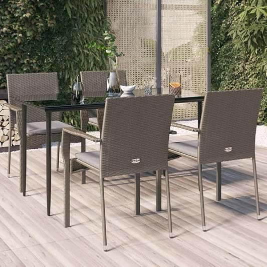 5 Piece Patio Dining Set with Cushions, Outdoor Garden Table and 4 Chairs, Weather Resistant PE Rattan Furniture for Backyard, Porch, Balcony, Black and Gray