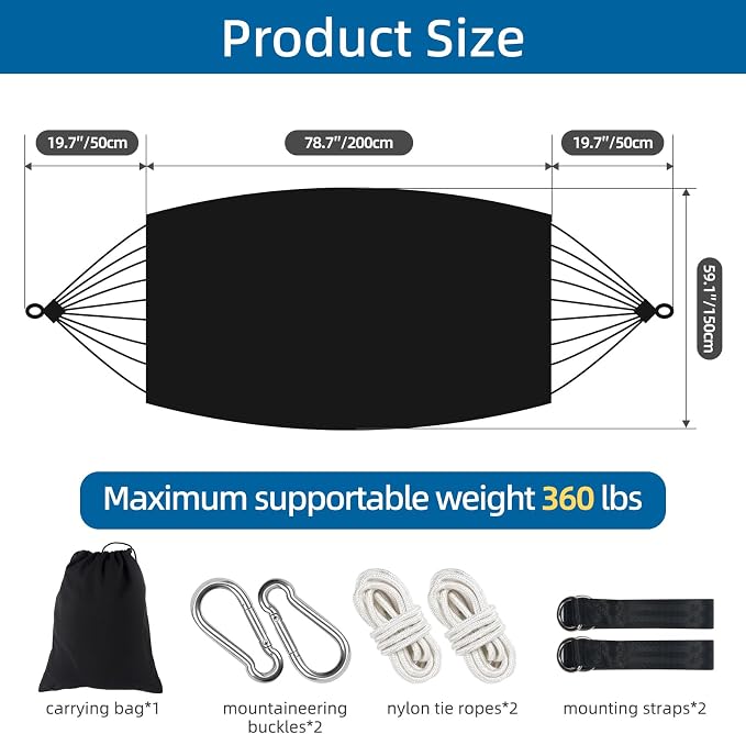 Brazilian Style Double Hammock with Fringe, 2 Person Patio Hammock for Backyard & Indoor Relaxation, Soft Breathable Fabric, Easy Setup with Straps & Carry Bag, 360 lbs Capacity
