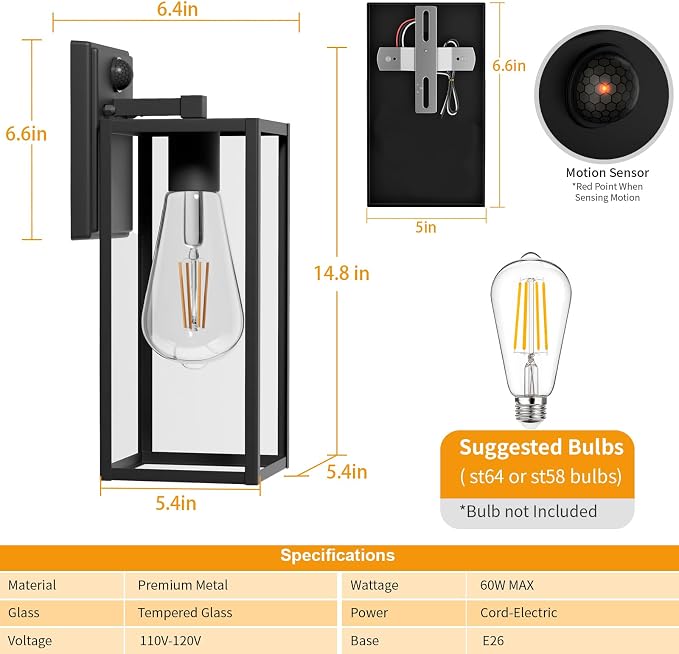 15'' Black Motion Sensor Outdoor Front Porch Lights for Outside, Large Exterior Lighting Fixtures Wall Mount for House, Wall Sconce Lamp, Waterproof Lantern Coach Lights for Garage, Entryway,Yard
