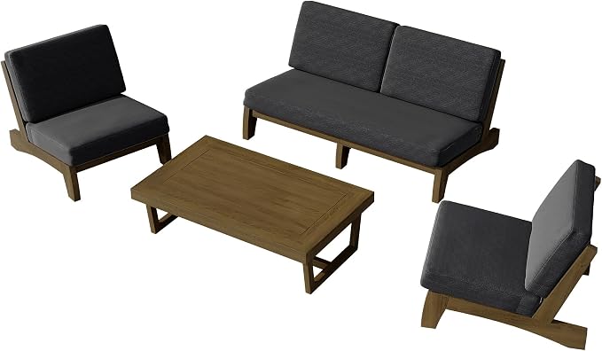 4 Piece Wood Outdoor Patio Frutnire Set, 5 Seater Patio Conversation Sets with Thick Cushions, Outdoor Sectional Furniture with Coffee Table - Dark Gray