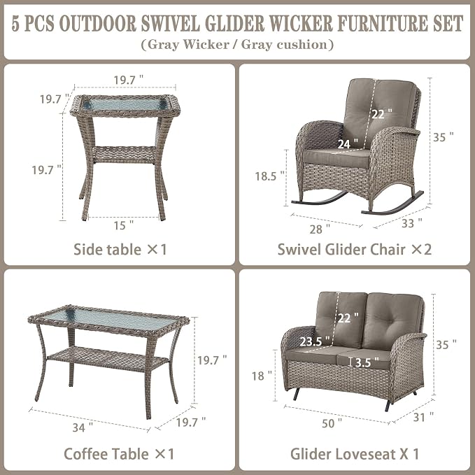Belord 5 Piece Outdoor Conversation Patio Furniture Set - All-Weather Wicker Patio Rocking Chairs with Loveseat Glider Chair and Coffee Table for Patio Deck Porch Backyard Gray Wicker Gray Cushion