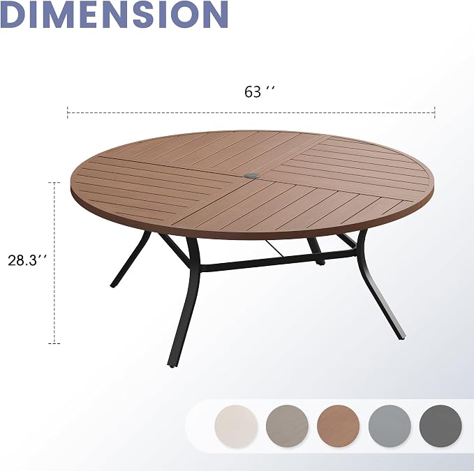 VICLLAX 63" Round Outdoor Table, Patio Dining Table for 8-10 with Umbrella Hole for Garden Lawn Deck Backyard, Walnut