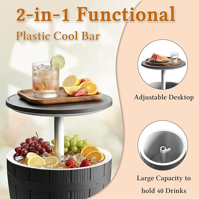 ROJIK 3-in-1 Resin Ice Bucket & Beverage Cooler – Wood Look Patio Table, UV Protection & Drain Plug for Outdoor Parties, Bars, and Poolside Use