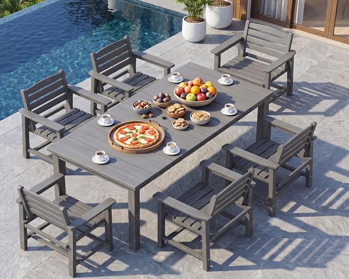 7-Piece Outdoor Dining Set with 75.2" Table for 6,Gray | HDPE material, umbrella hole design, weather-resistant furniture, perfect for garden, lawn, poolside, yard, balcony, deck