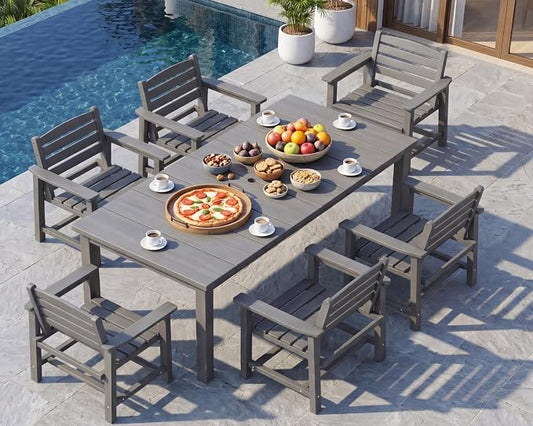 7-Piece Outdoor Dining Set with 75.2" Table for 6,Gray | HDPE material, umbrella hole design, weather-resistant furniture, perfect for garden, lawn, poolside, yard, balcony, deck