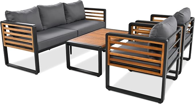 SOFTSEA 4-Piece Patio Acacia Wood Sofa Set, Outdoor Conversation Set with Heavy Duty Metal Frame & All Weather Cushions, Acacia Wood Sofa Set with Coffee Table for Balcony, Poolside, Grey