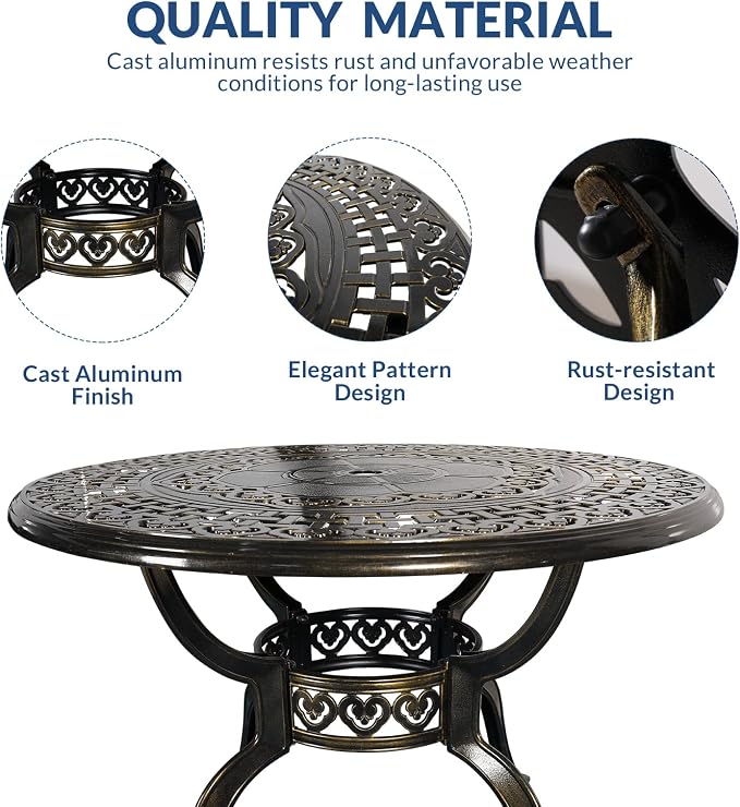 5-Piece Outdoor Patio Dining Set, All-Weather Cast Aluminum Furniture Conversation Set, Include 4 Chairs and a 38.5” Round Table with Umbrella Hole for Balcony, Lawn, Garden