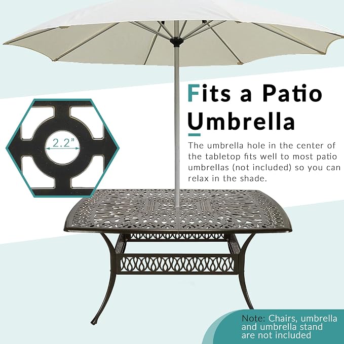 MEETWARM 64" Square Cast Aluminum Patio Dining Table, Weather-Resistant Large Outdoor Dining Table for 8 Person, Patio Furniture Table with Umbrella Hole and Adjustable Foot Pads, Dark Bronze