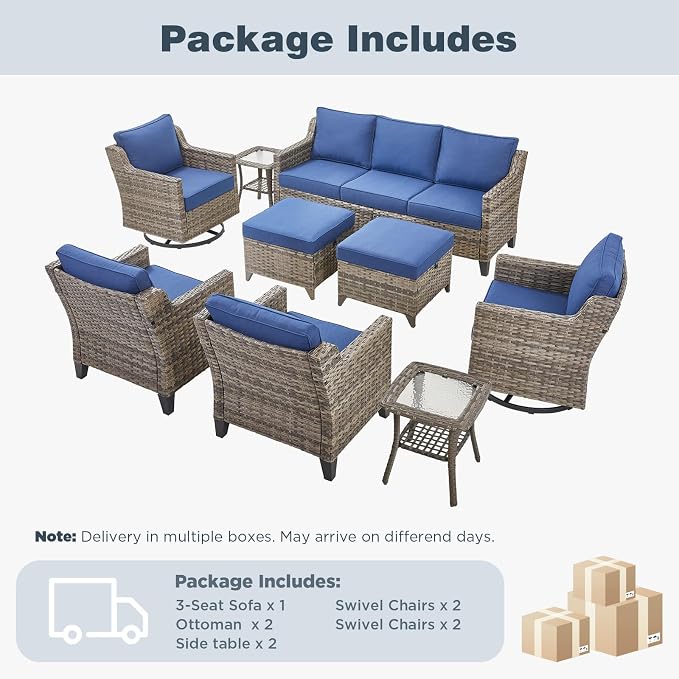 Belord Patio Wicker Swivel Rocker Patio Chairs with 3-Seater Sofa, Outdoor Rattan Chairs for Deck Porch Poolside, 9 Piece Patio Conversation Furniture Set,Blue