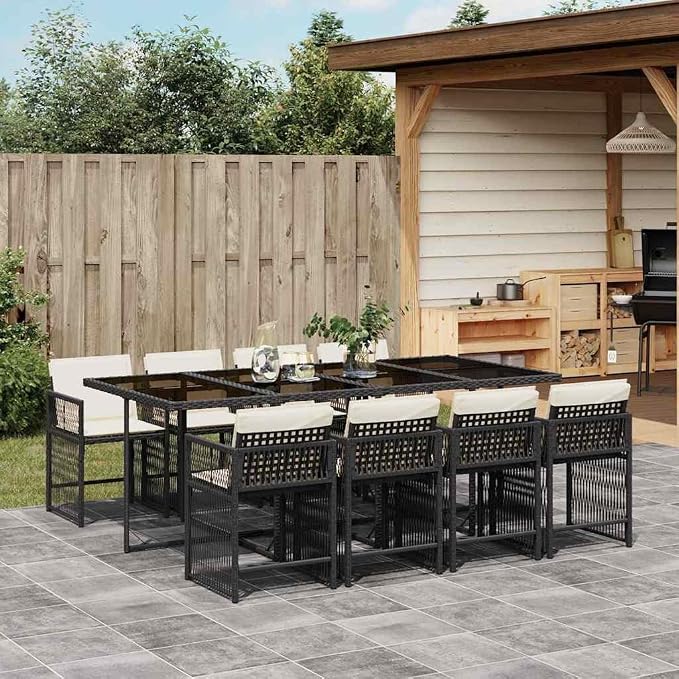 9 Piece Garden Dining Set Black Poly Rattan Outdoor Table and Chairs for 8 Persons Modern Patio Furniture Set with Large Dining Table and High Back Foldable Chairs for Backyard