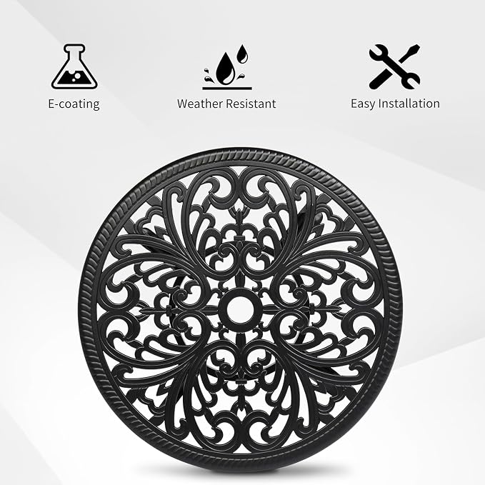 VINGLI 23.6" Cast Aluminum Round Patio Table with Umbrella Hole - All Weather Outdoor Bistro & End Table (Black)