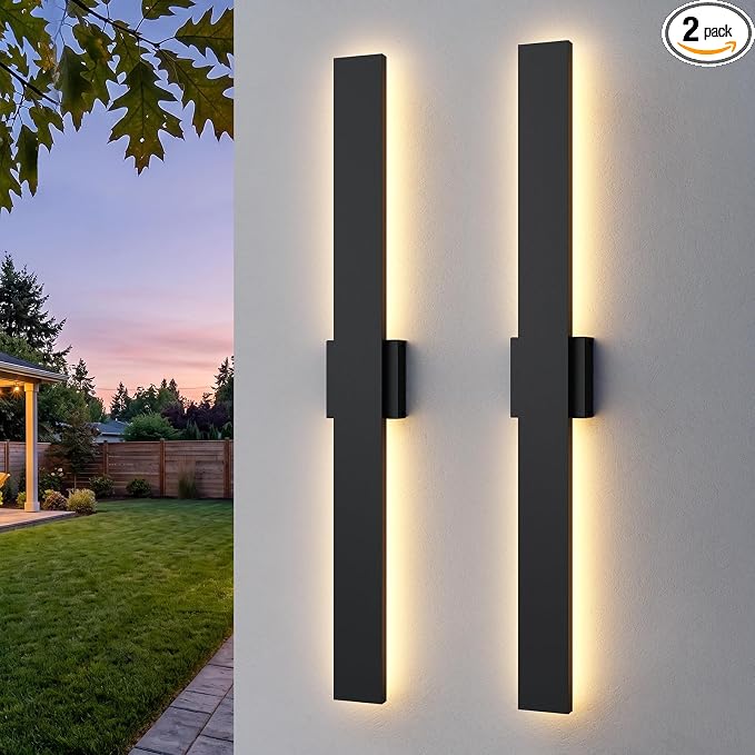 2 Pack LED Outdoor Wall Lights Dimmable, 3000K/4500K/6000K, 39.3" Modern Black Outdoor Wall Sconce, Linear IP65 Waterproof Exterior Wall Light Fixture for Entrance, Hallway, Garage, Porch