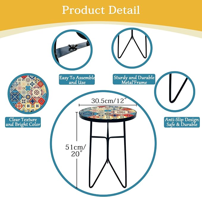 Mosaic Round Sode Tea Table, Outside Unique Furniture, Small End Outdoor Side Valentine's Day Dining Room Table, Indoor Balcony Outdoor Furniture, Balcony Patio Valentine's Day Decor