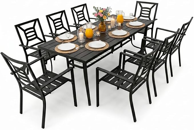 Outdoor Patio Dining Sets 9 Pieces, Large 77" Rectangular Metal Dining Table with Umbrella Hole & 8 Stackable Chairs, Weather Resistant Garden Furniture Set for Backyard, Deck, Porch