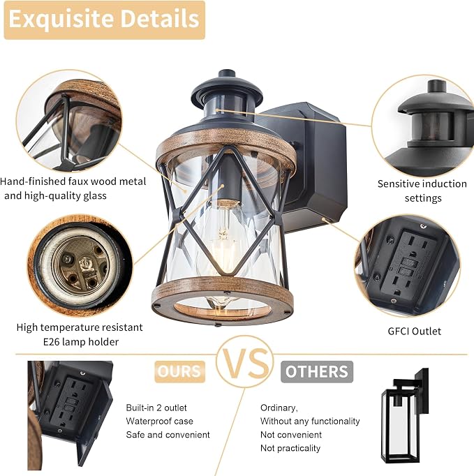 Dusk to Dawn Motion Sensor Outdoor Porch Light with GFCI Outlet,3 Lighting Modes Anti-Rust Waterproof Industrial Outdoor Lantern,Exterior Work lights Rustic Wood-Like Finish Wall Light (Brown, 2 Pack)