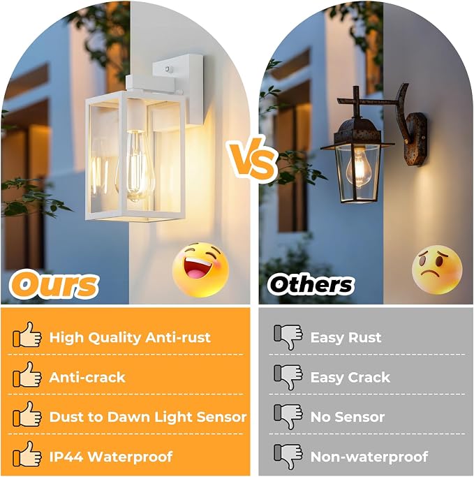 1 Pack Dusk to Dawn Outdoor Wall Sconce, White | Waterproof Wall Mount Lantern, Exterior Porch Wall Light, Weatherproof, Wide Outdoor Use, Doorway Garage Yard