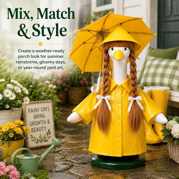 Porch Goose Raincoat Outfit 4 Pieces Summer Porch Goose Outfit with Brown Braided Wig Rain Hat Umbrella Rainy Day Clothes Decor for Lawn Goose Statues