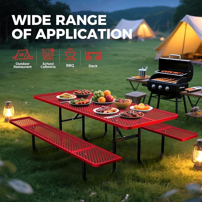 72" Coated Round Metal Picnic Table for 4-6 Person, Durable Heavy Duty Commercial Picnic Table with Umbrella Hole for Outdoor Coffee Shop, School, Easy to Install, Red