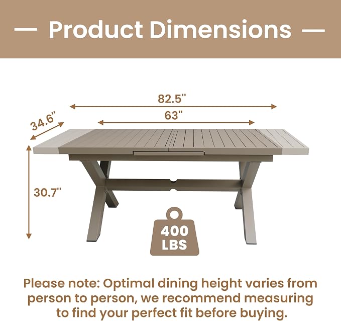Extendable Patio Dining Table for 6-8, 63''-83'' Outdoor Aluminum Table w/Umbrella Hole, Rectangle Slatted Tabletop, Metal X-Trestle for Meals Garden Deck Backyard Gathering Party - Light Brown