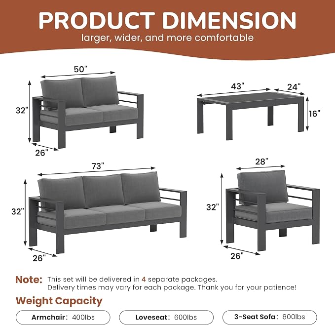Solaste 7-Seaters Aluminum Outdoor Patio Furniture Set, Patio Sectional with 5" Thick Cushion, Outdoor Furniture with Coffee Table, Patio Sofa for Porch, Backyard, Deck, Yard, Dark Grey