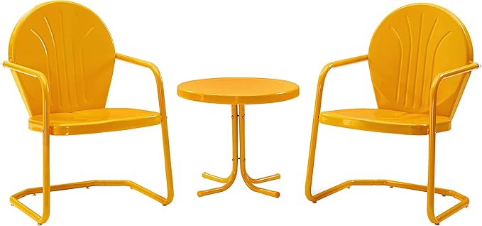 Crosley Furniture Griffith 3-Piece Outdoor Chair and Side Table Set, Retro Metal Bistro Patio Sets for Porch, Tangerine