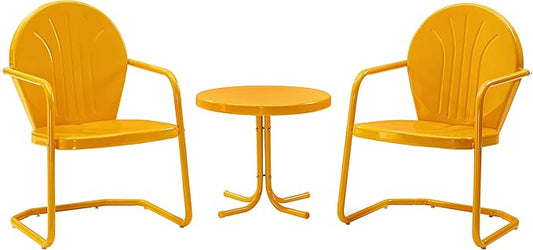 Crosley Furniture Griffith 3-Piece Outdoor Chair and Side Table Set, Retro Metal Bistro Patio Sets for Porch, Tangerine