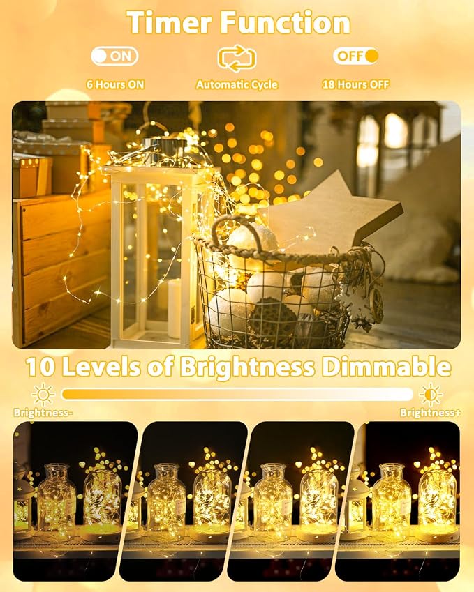 2 Pack 200 LED Fairy Lights Battery Operated with Remote, 66 FT Warm White | Cuttable, 8 Modes, Memory, Dimmable, Waterproof Battery String Lights with Timer for Indoor Outdoor, Christmas Decorations