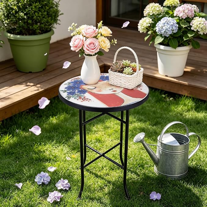 14 Inch Mosaic Patio Side Table with X-Straight Legs, Indoor Outdoor Accent Round End Table with Ceramic Tile Tops for Yard, Garden, Living Room, Bistro, A - Red Hair Girl