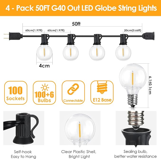 Mlambert 200Ft(4x50Ft) Outdoor String Lights, G40 Globe Patio Lights Connectable with 100+6 Waterproof LED Bulbs for Backyard Garden Porch-Black Wire