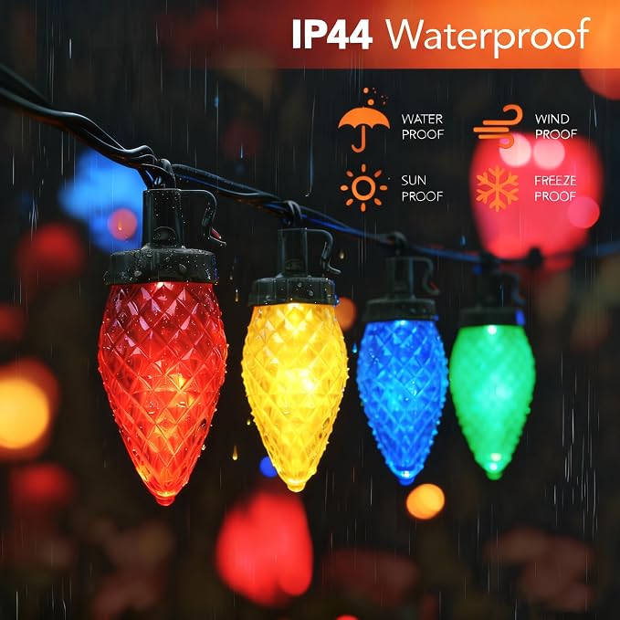 C9 LED Christmas Lights Outdoor,33 Feet 50 LED 8 Lighting Modes Waterproof Connectable Christmas String Lights for Outside Roofline Patio Home Xmas Decorations (Multicolored)