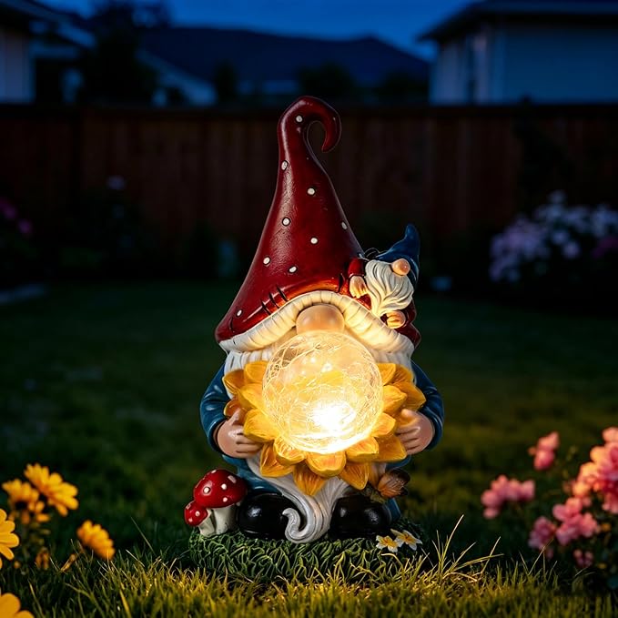 Solar Gnomes Garden Decor Outdoor Statues, Christmas Gnomes Gardening Gifts for Women Mom, Gnomes Decorations for Yard with Sunflower Decor Solar Lights for Outside, Patio, Lawn, Porch Decor