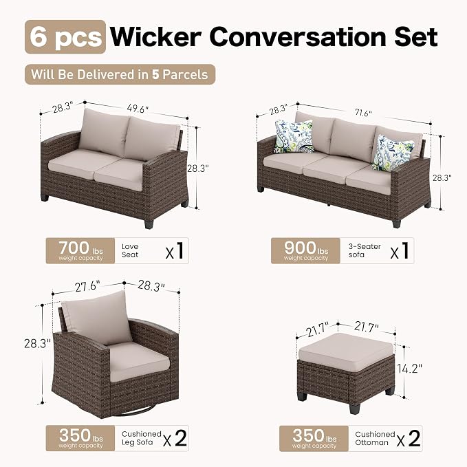 SUNSHINE VALLEY Swivel Glider Patio Furniture Set Outdoor Furniture Brown Wicker Rattan Patio Conversation Sets with Cushion Outside Sofa Set,6 Pieces 9 Seats,Beige
