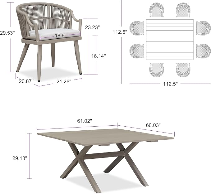 PURPLE LEAF 9 Pieces Outdoor Dining Set All Weather Wicker Patio Dining Set with Square Aluminum Table and Modern Armrest Dining Chairs for Garden Deck Backyard Kitchen, Champagne