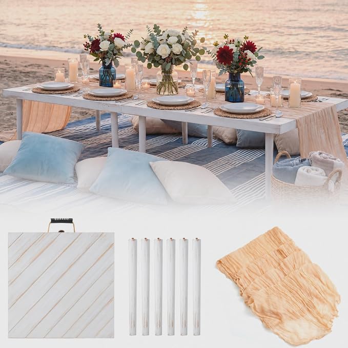 Novabright 8 Person 30 x 60 Inches Boho Table Low Folding Picnic Table Beach Portable Low Wood Floor Event Foldable Garden Wedding Party Camping Picnic with Runner Set(Retro White)