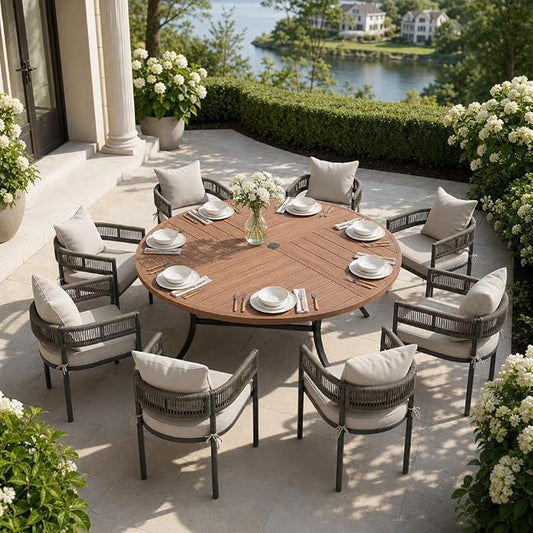 VICLLAX Patio Dining Set, 63.1" Walnut Table & 6 Chairs with Wheat Cushion | Outdoor Table and Chairs Set of Round Metal Patio Table, Outdoor Dining Chairs with Metal Frame, Garden Deck Porch