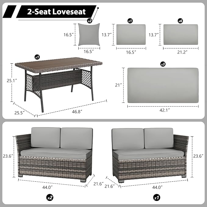 KIGOTY 7 Piece Patio Furniture Set, Outdoor PE Wicker Rattan Outdoor Dining Set, Patio Table and Chairs Set, Patio Conversation Sofa Set with Dining Table and Ottoman (Beige Black-Light Grey)