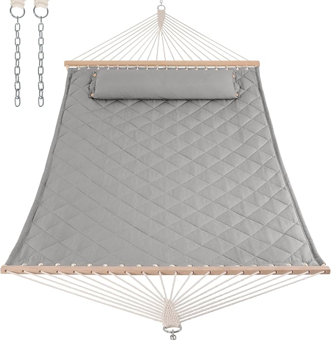 ANOW Heavy Duty Hammock with Spreader Bars and Detachable Pillow, 2 Person Hammock for Outdoors Indoors, 450 LBS Weight Capacity, Light Gray