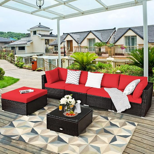 RELAX4LIFE 6-Piece Patio Sofa Set - Outdoor Sectional Sofa Set Wicker Conversation Set w/Table & Removable Cushions, Modular Sofa Set Patio Furniture for Backyard, Poolside, Balcony (Red)