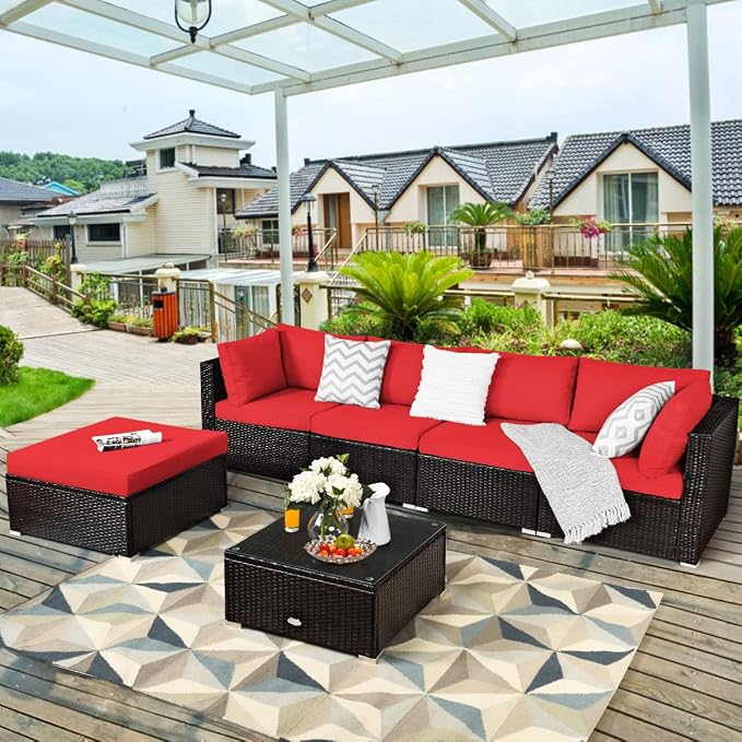 COSTWAY 6-Piece Outdoor Patio Furniture Set, Rattan Sectional Sofa Set with Tempered Glass Coffee Table, Cushions and Ottoman for Garden, Deck, Backyard (Red)