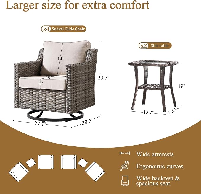 Luxury Patio Furniture Chairs Set - 6 Pieces All Weather Wicker Outdoor Couch and High Back Swivel Rocker Patio Chairs with Side Table for Deck Yard and Poolside Gray Wicker | Beige Cushions