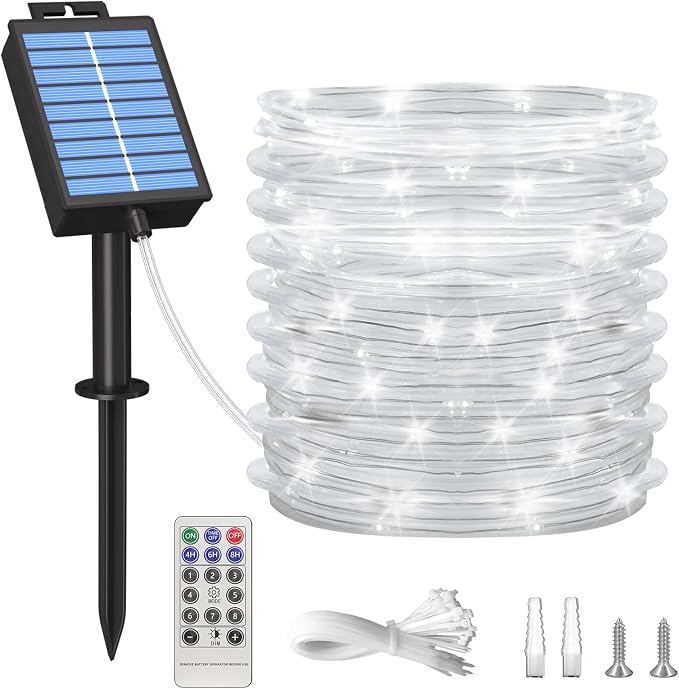 ICRGB Solar Rope Lights Outdoor, 39FT 100 LED (Cool White, 39FT) | With Remote, Waterproof, 8 Modes, for Outdoor Patio Porch Tree Wedding Christmas Pool Garden Decorative