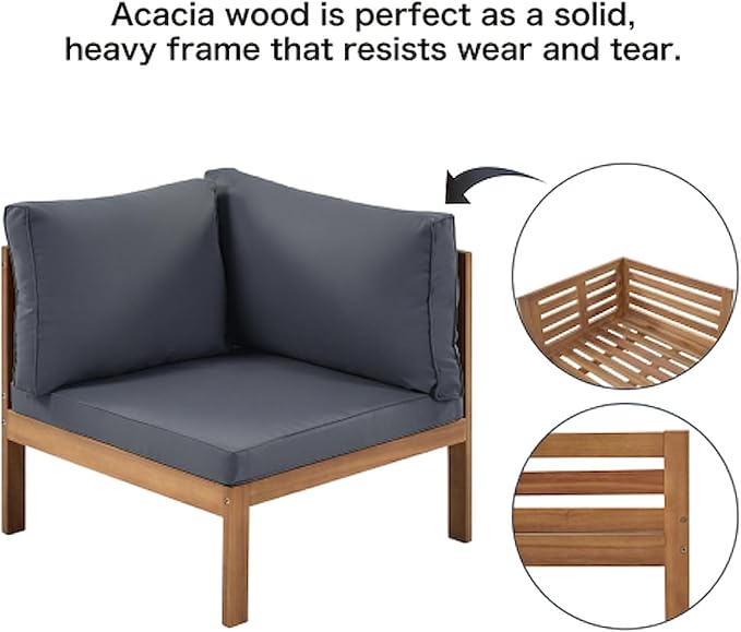 Wood Structure Outdoor Sofa Set, Acacia Wood Conversation Sofa and Table Set with Water-Resistant Cushions, Sectional Sofa Set for Gazebo Garden Balcony Poolside, Gray