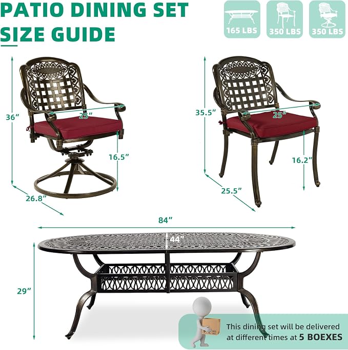 VIVIJASON 9-Piece Patio Furniture Dining Set, All-Weather Cast Aluminum Outdoor Conversation Set, Include 6 Stationary Chairs, 2 Swivel Dining Chairs and an Oval Table with Umbrella Hole, Red Cushion