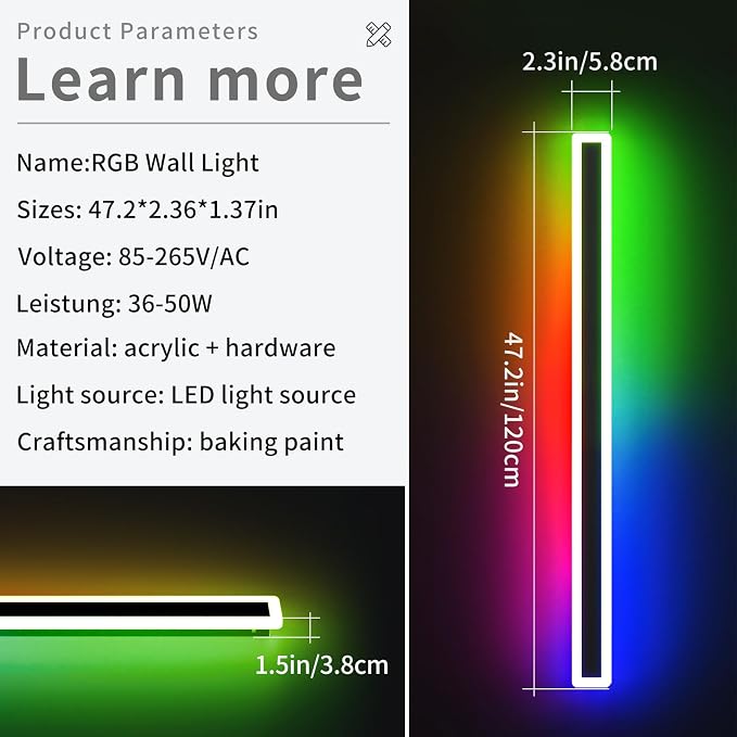 47inch Modern Wall Lights Outdoor, 10 Colour Variations Dimmable Long Wall Sconce, IP65 Waterproof 3000K-6000K Simple Acrylic Exterior Wall Lighting Fixtures for House Garage Front Patio